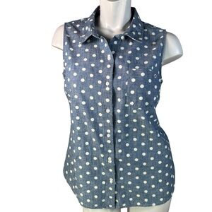 Tommy Hilfiger Sleeveless Polka Dot Chambray Button-Up Top  Blue/White in Medium